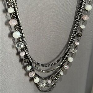 Striking Multi-Strand Gunmetal and Silver Faceted Pastel Beaded Long Necklace